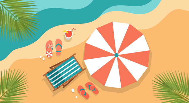 Top View Summer Beach Background Illustration with Umbrella, Deck Chair, and Flip Flops.