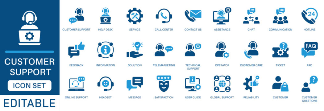 Customer support icon set. featuring help desk, call center, technical assistance, online chat, and service operator in blue flat design.