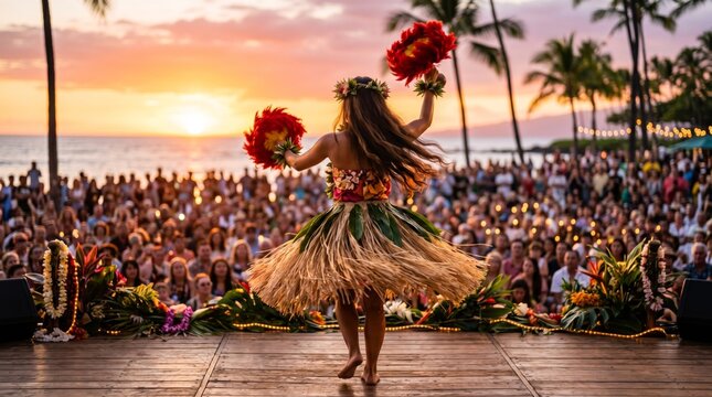 Traditional Hawaiian Hula Dancer Performs at Sunset Luau with Audience.