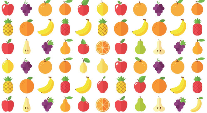 Colorful illustration of various fruits with vibrant colors and cute designs