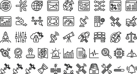 Space Technology and Satellite Systems Icon Set Featuring Communication, Orbit, Monitoring, Exploration and Aerospace Engineering Concepts © MdMahfujAhmmed