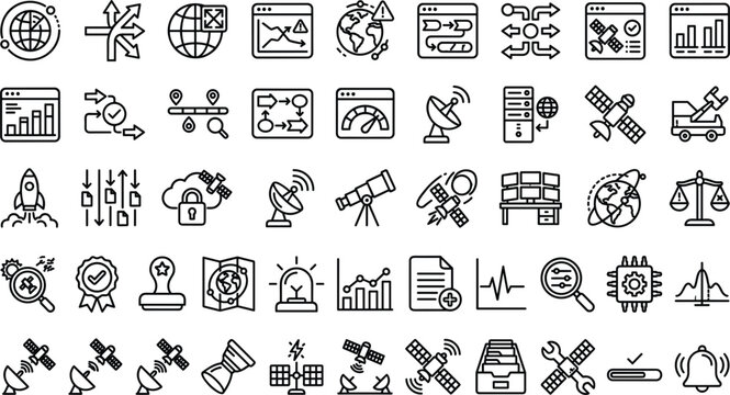 Space Technology and Satellite Systems Icon Set Featuring Communication, Orbit, Monitoring, Exploration and Aerospace Engineering Concepts