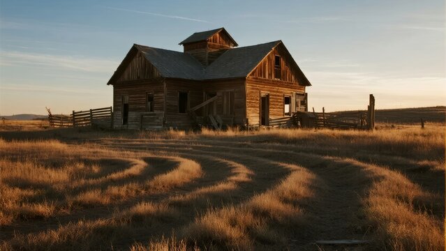 Old wooden barn in a dry field at sunset with circular tire tracks in the foreground