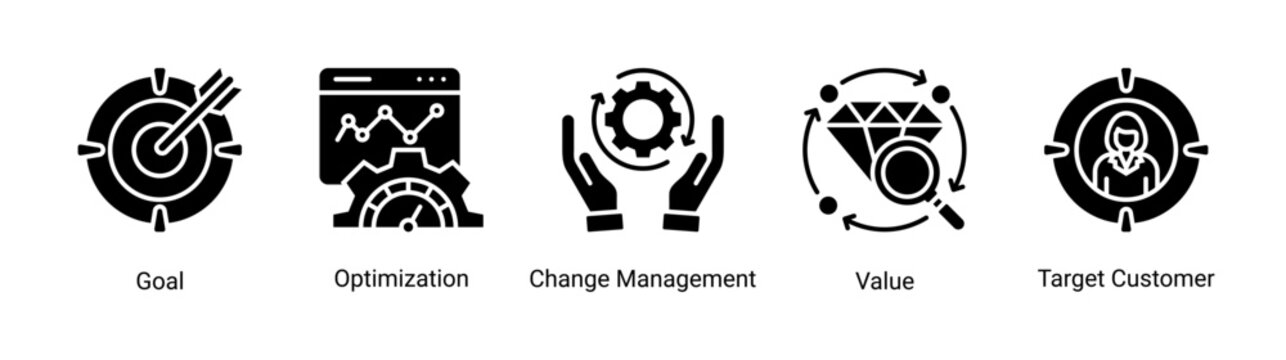 Process Management icon set featuring strategy,goal,optimization,and customer value concepts.Ideal for business planning,management,and process improvement.
