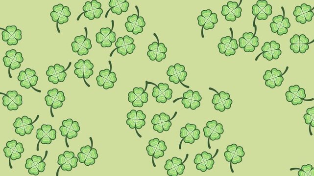 4k footage animation of Shamrock or green clover leaves pattern background animates illustration isolated on green background. St Patricks Day shamrock symbols decorative elements pattern.