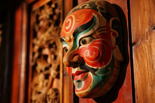 Colorful traditional wooden mask with intricate facial painting displayed against a carved wooden background