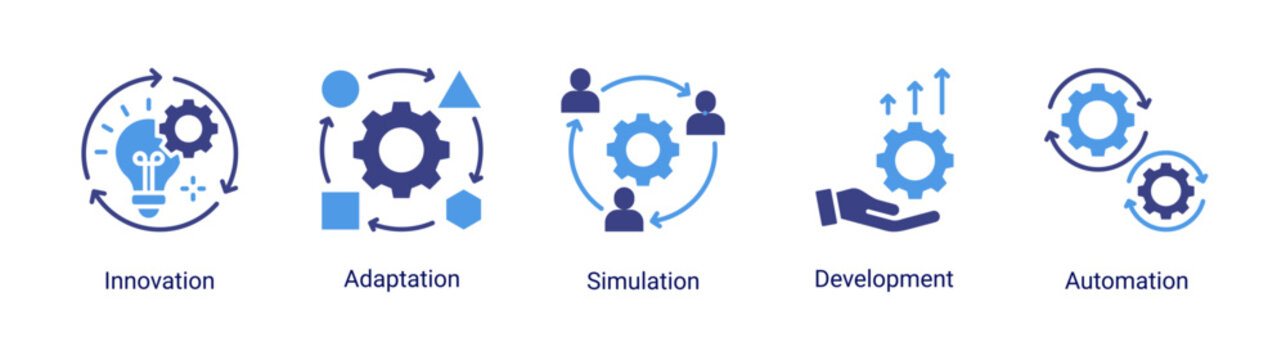Process Management icon set featuring innovation,development,automation,and simulation concepts.Ideal for business growth,technology,and system advancement.