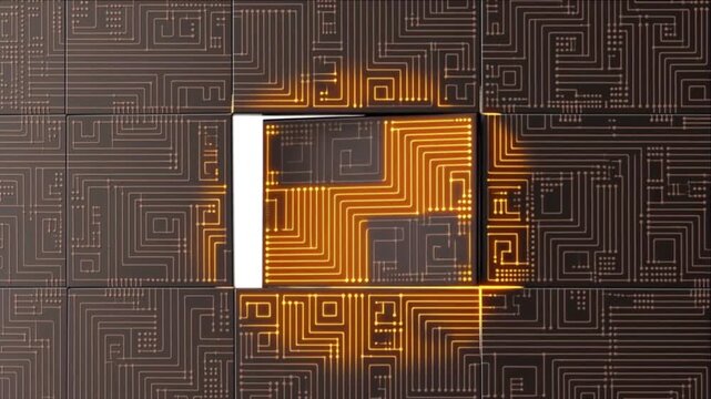 白背景で幾何学グリッドから構築される黒曜石と銅のマイクロチップパズルとオレンジ色回路の点火タイムラプス