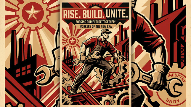 Vintage industrial propaganda poster, Rise Build Unite worker with wrench, retro constructivist labor union art, socialist realism style illustration