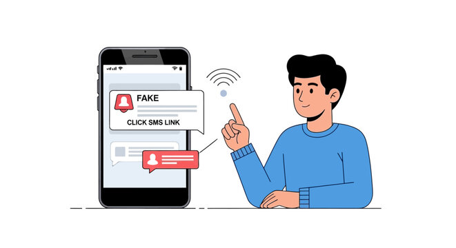 A man suspicious of a fake mobile notification on his smartphone. EPS Editable. Vector Illustrations.