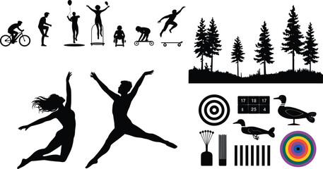 Active lifestyle silhouettes sports dance cycling skateboarding target shooting and forest nature elements illustration set © SREEMOTISHAMOLI