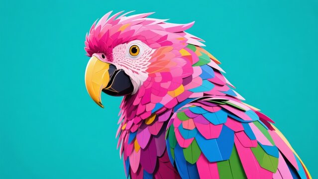 Colorful paper art parrot with vibrant feathers against a teal background
