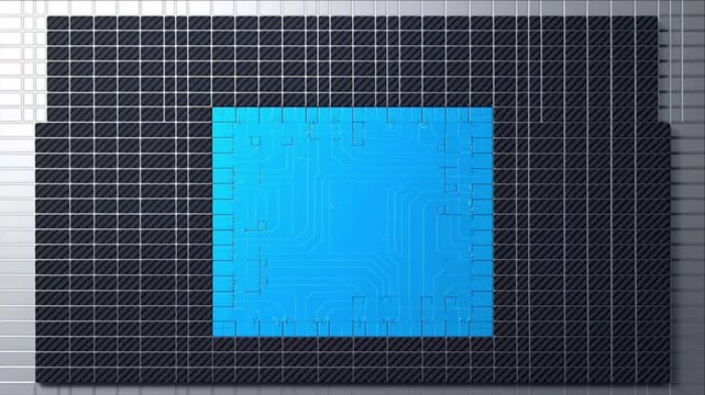 白背景で幾何学グリッドから構築されるカーボンとチタンのマイクロチップパズルとシアン色回路の点火タイムラプス