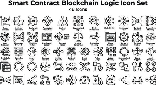 Smart Contract Blockchain Logic Icon Set Featuring Decentralized Networks, Transaction Validation, Tokens, Security and Distributed Ledger Concepts