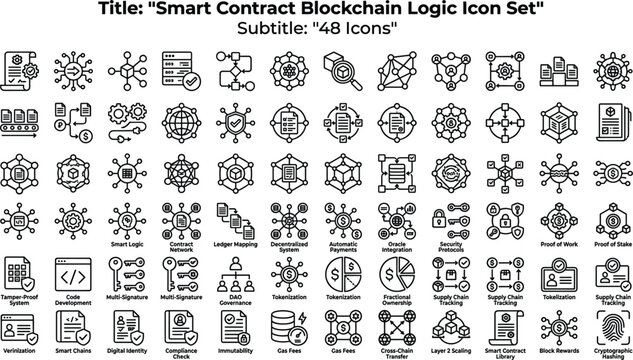 Smart Contract Blockchain Logic Icon Set Featuring Decentralized Networks, Cryptography, Tokens, Security, Ledger Systems and Web3 Technology Concepts