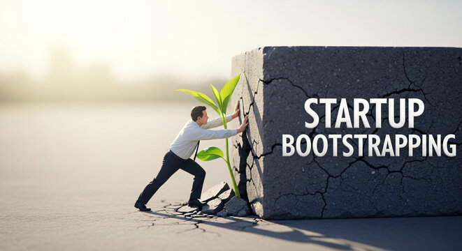 Businessman Pushing Large Concrete Block for Startup Bootstrapping