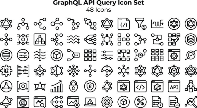 GraphQL API Query Icon Set Featuring Data Queries, Schema, Endpoints, Integration, Development and Backend System Concepts