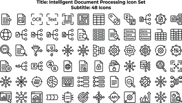 Intelligent Document Processing Icon Set Featuring OCR, Data Extraction, Classification, Automation, AI Parsing and Document Workflow Concepts