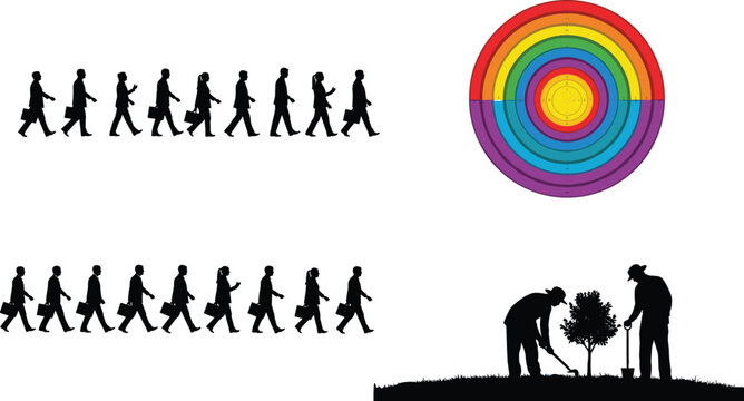 Human evolution silhouettes sequence color spectrum wheel and environmental teamwork planting tree conceptual illustration set