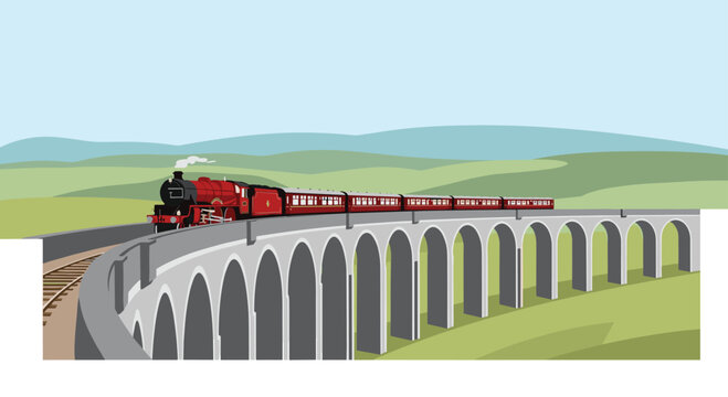 A long red passenger train curves across a massive stone viaduct set against a vast rolling green landscape under a clear light blue sky background.