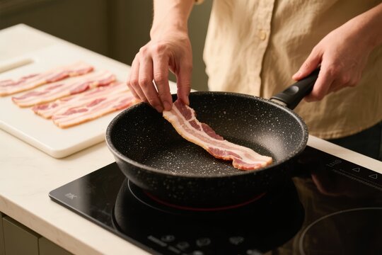 Person placing raw bacon into a frying pan on an induction cooktop