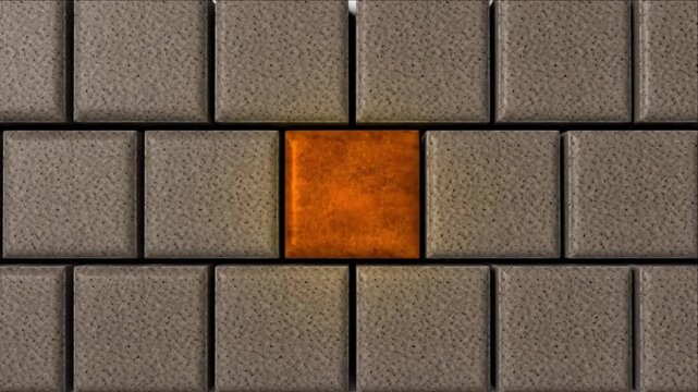白背景で幾何学グリッドから構築される溶岩石のパズルと琥珀色ピースの点火タイムラプス