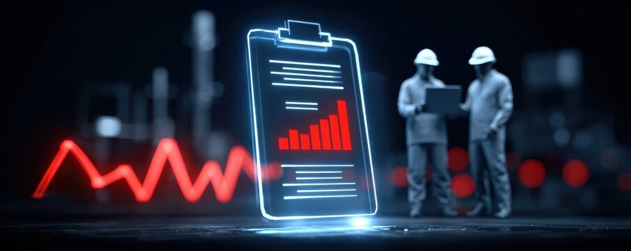 Engineers review a model and a chart to finalize the data analysis and include a key statistic in their comprehensive research report.