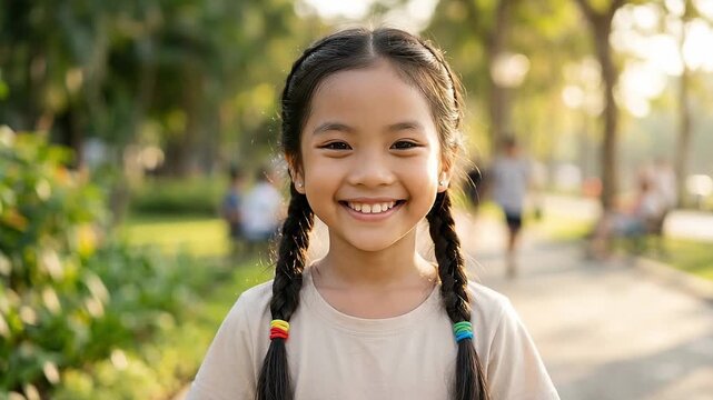 Close-up of a young Asian beautiful girl smiling with dark braided hair tied with colorful hairbands, wearing a beige t-shirt, standing outdoors in park.