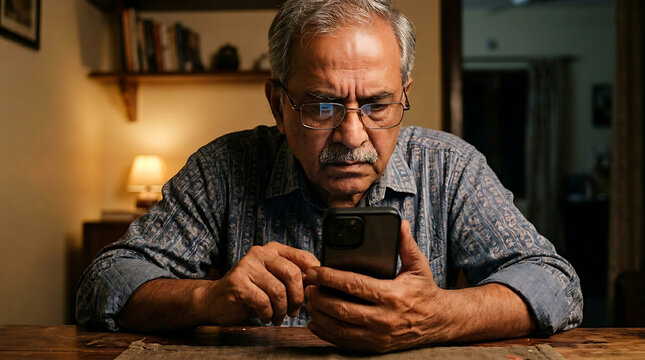 Indian senior man carefully verifying OTP code on smartphone for secure login at home