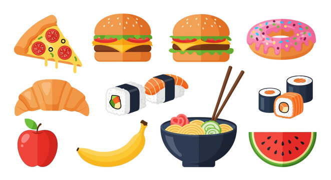 Flat vector illustration of assorted food items on white background