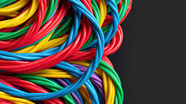 Colorful cable tangle, abstract background of twisted wire, dense close up of multicolor cords