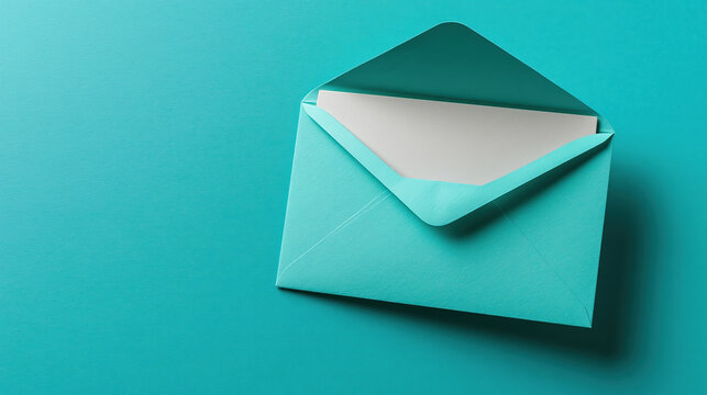 Open envelope turquoise paper flat lay on teal background with blank card and shadow
