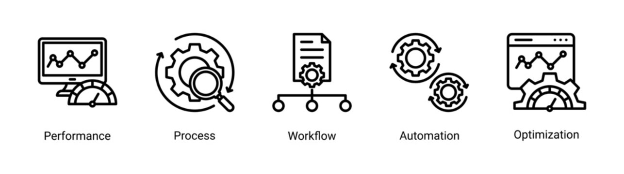 Process Management icon set featuring business,process,workflow,automation,and optimization concepts.Perfect for system management,data analysis,and performance improvement.