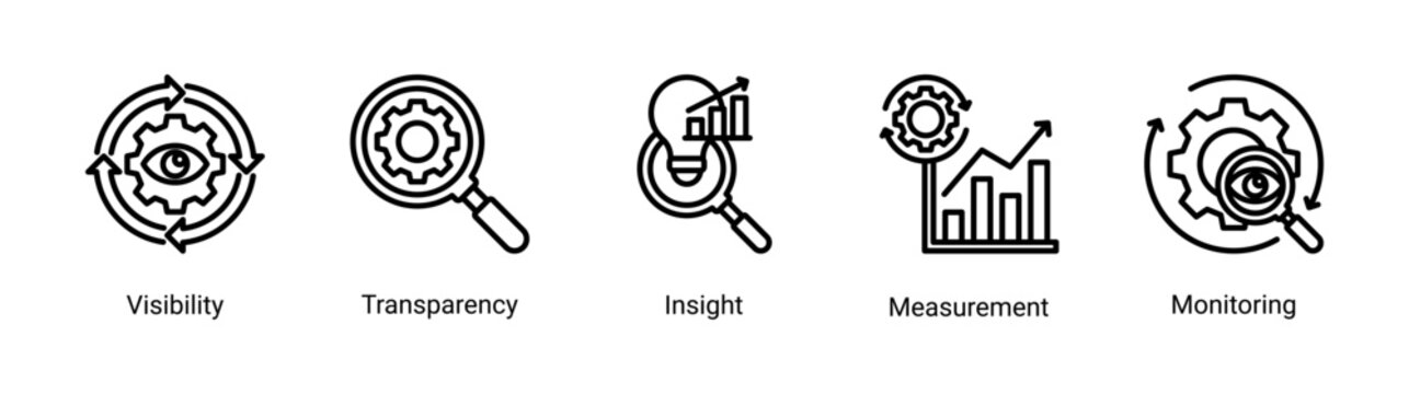 Process Management icon set featuring data,insight,visibility,and monitoring concepts.Ideal for analytics,reporting,and business intelligence systems.