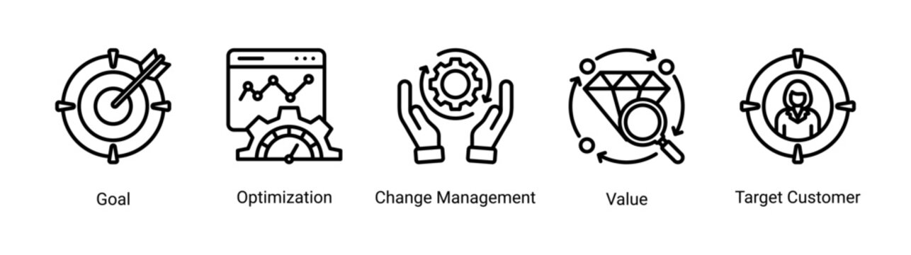 Process Management icon set featuring strategy,goal,optimization,and customer value concepts.Ideal for business planning,management,and process improvement.