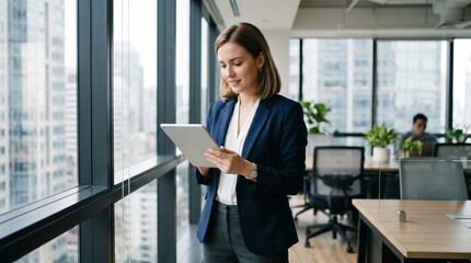 Fototapeta premium Professional businesswoman using tablet in modern office with city skyline view