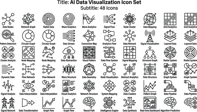 AI Data Visualization Icon Set Featuring Graphs, Network Mapping, Analytics Dashboards, Signal Processing and Data Flow Concepts