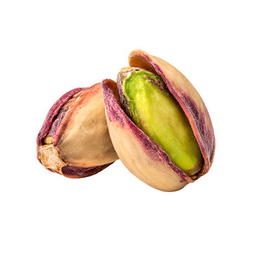 Fresh pistachio nuts split open revealing vibrant green kernel on white background