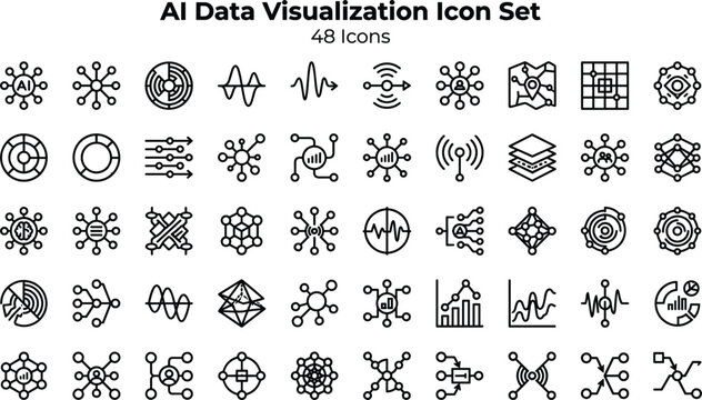 AI Data Visualization Icon Set Featuring Network Graphs, Signal Analysis, Data Mapping, Analytics Charts and Digital Insights Concepts