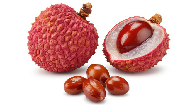Whole lychee fruit and a halved lychee with a large brown seed isolated on a white background