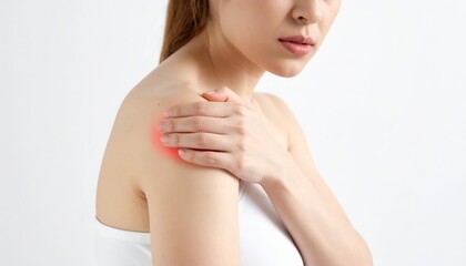 Naklejka premium Woman experiencing shoulder pain, highlighted with red spot indicating discomfort and inflammation, close-up shot.