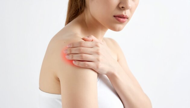 Woman experiencing shoulder pain, highlighted with red spot indicating discomfort and inflammation, close-up shot.