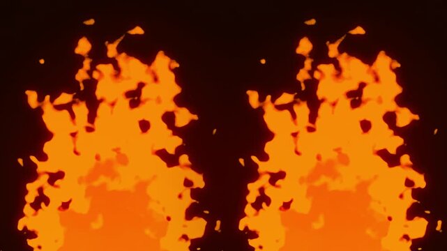 Two pillars of 2D stylized fire burning intensely against a black background perfect for game assets motion graphics and visual effects overlays