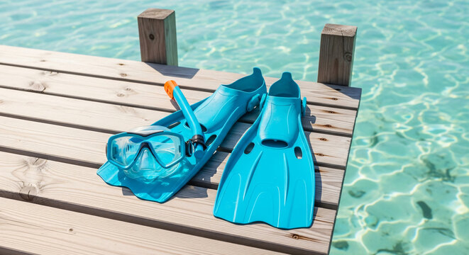 Blue Snorkeling Gear on a Wooden Dock by Clear Turquoise Water