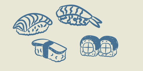 Sushi set naive doodle vector illustration hand drawn japanese food collection simple outline design © Imran