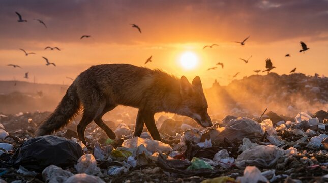 Fox scavenging in a landfill at sunset with birds flying