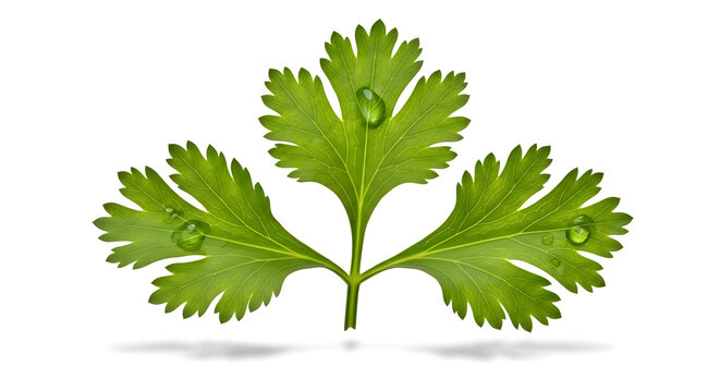 Fresh green cilantro leaf sprig isolated on white background, top view