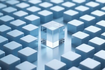 Obraz premium Transparent glass cube standing out among uniform blue cubes in a grid pattern