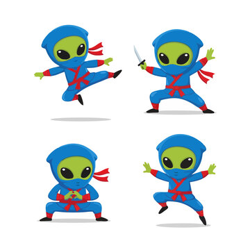 Alien ninjas perform martial arts moves with swords and shields