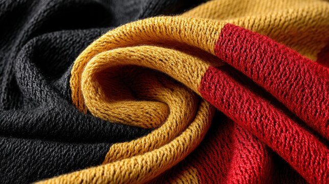 A close-up of the Belgian flag with its black, yellow, and red stripes. 